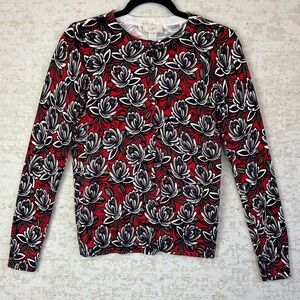 LOFT Burgundy Red Floral Ribbed Knit Sweater Cardigan Sz S Button Career Church